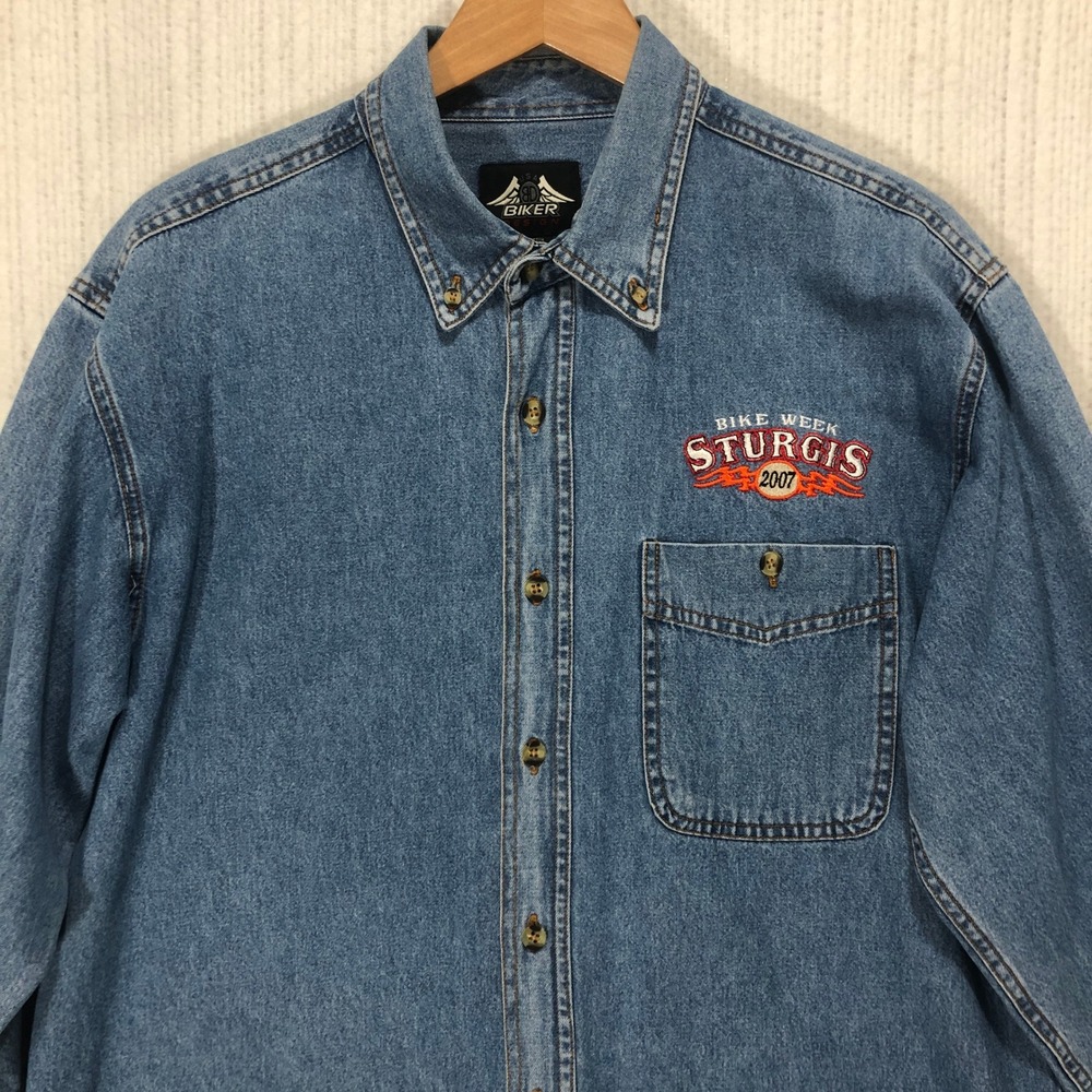 Biker Design Sturgis‎ 2007 Bike Week Denim Shirt Mens Medium Blue Long Sleeve